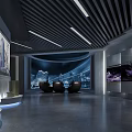 Modern Exhibition Hall Interior Design With Display Cabinets Models And Wall Posters