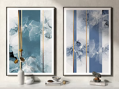 Blue And White Abstract Decorative Paintings With Stripes On Wall With Vase And Books 3d model