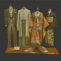 Traditional Clothing Mannequins Display Various Styles Including Suit And Kimono