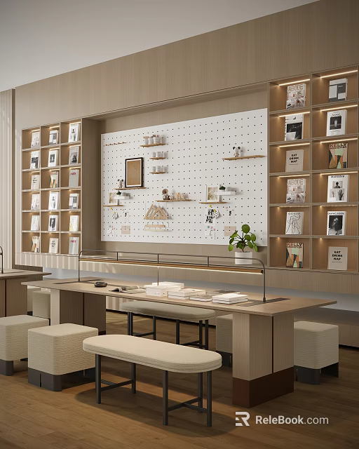 Modern Sales Office Interior With Wooden Walls Display Shelves Green Plant Long Table And Stools 3d model 