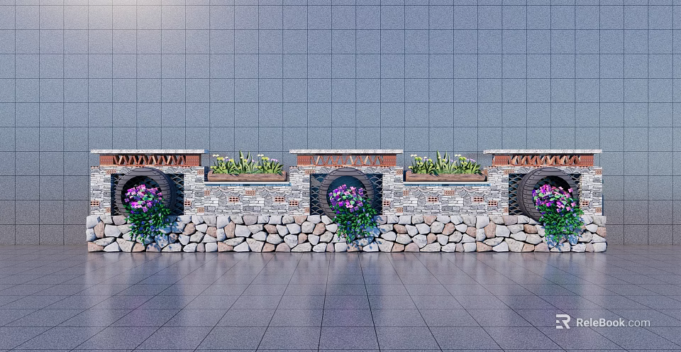 Stone Feature Wall With Gray Tiled Background Circular Planters And Green Plants 3d model
