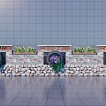 Stone Feature Wall With Gray Tiled Background Circular Planters And Green Plants 3d model