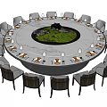 Modern Round Dining Table Set With Central Green Plant And Surrounding Chairs 3d model
