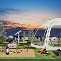 Scenic Campsite With White Tent Bonfire Sunset View Green Lawn And Outdoor Seating