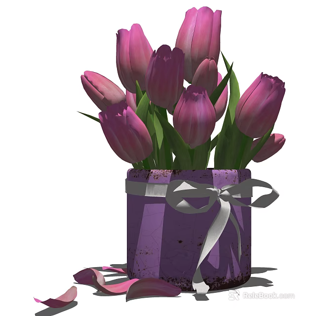 Pink Tulips in Purple Box Shaped Vase with White Ribbon Bow and Scattered Petals 3d model 