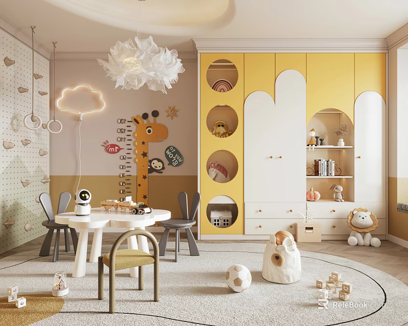 Cozy Children's Playroom With Yellow Cabinets Cloud Lamp Giraffe Stickers And Stuffed Toys 3d model 