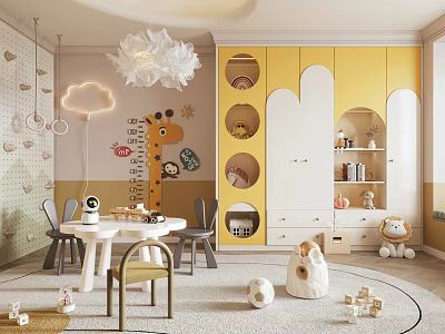 Cozy Children's Playroom With Yellow Cabinets Cloud Lamp Giraffe Stickers And Stuffed Toys 3d model