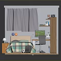 Cozy Small Room Interior With Checkered Bed Desk Computer Curtains Wooden Cabinet And Green Plants