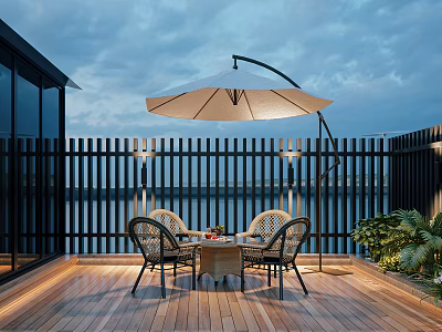 Outdoor Terrace With Wooden Deck Black Fence Wicker Chairs And Water View Under Evening Sky 3d model
