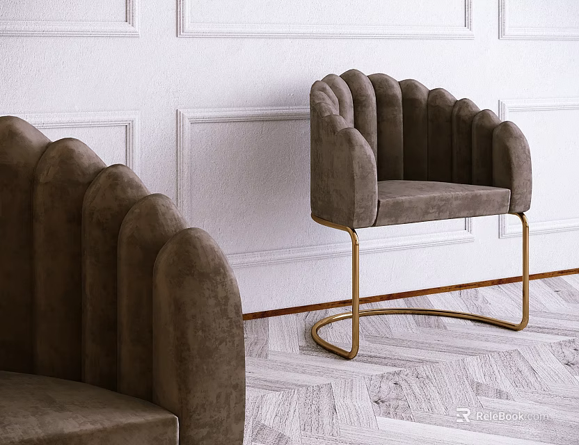 Brown Accent Chair With Scalloped Back And Gold Legs Against White Wall And Wooden Floor 3d model 