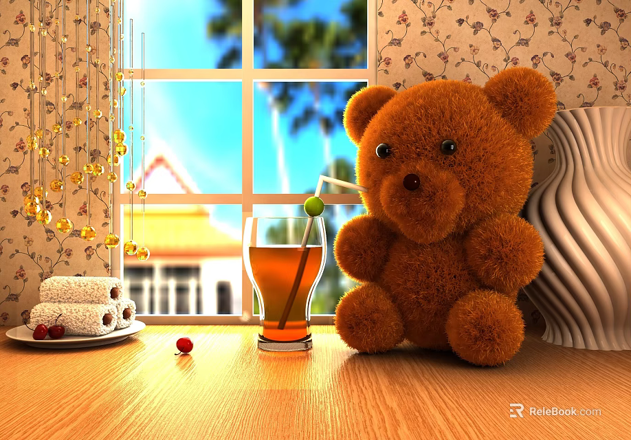 Brown Teddy Bear on Wooden Table with Iced Tea Rolled Pastries and Window View 3d model 