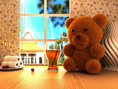 Brown Teddy Bear on Wooden Table with Iced Tea Rolled Pastries and Window View 3d model