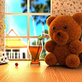 Brown Teddy Bear on Wooden Table with Iced Tea Rolled Pastries and Window View