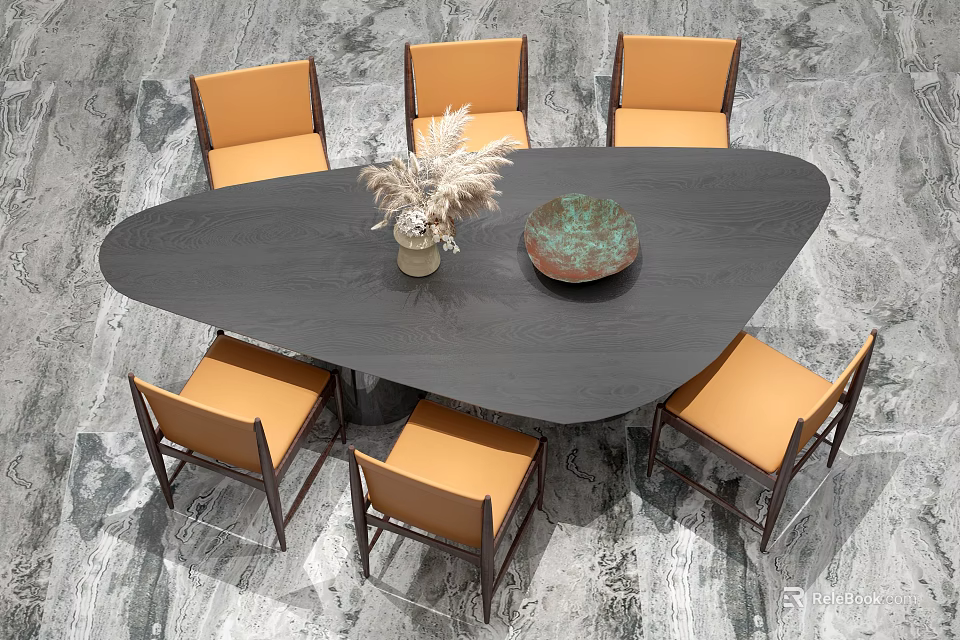 Modern Irregular Black Dining Table Set With Six Orange Chairs And Dried Flowers Decorative Piece 3d model 