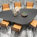 Modern Irregular Black Dining Table Set With Six Orange Chairs And Dried Flowers Decorative Piece