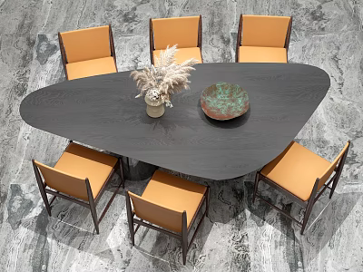 Modern Irregular Black Dining Table Set With Six Orange Chairs And Dried Flowers Decorative Piece 3d model