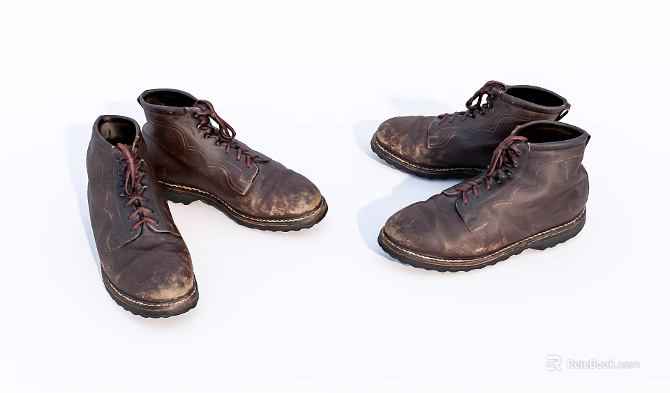 Vintage Brown Leather Lace Up Boots With Distressed Finish And Classic Style 3d model 