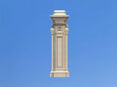 White Stone Classical Column With Detailed Top Ornamentation And Blue Sky Background 3d model