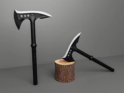 Modern Tactical Axes With Black Handles Standing And Leaning On Wooden Stump 3d model