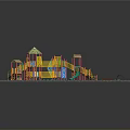 Colorful Children's Playground Structure With Slide Climbing Frames And Swings On Green Lawn