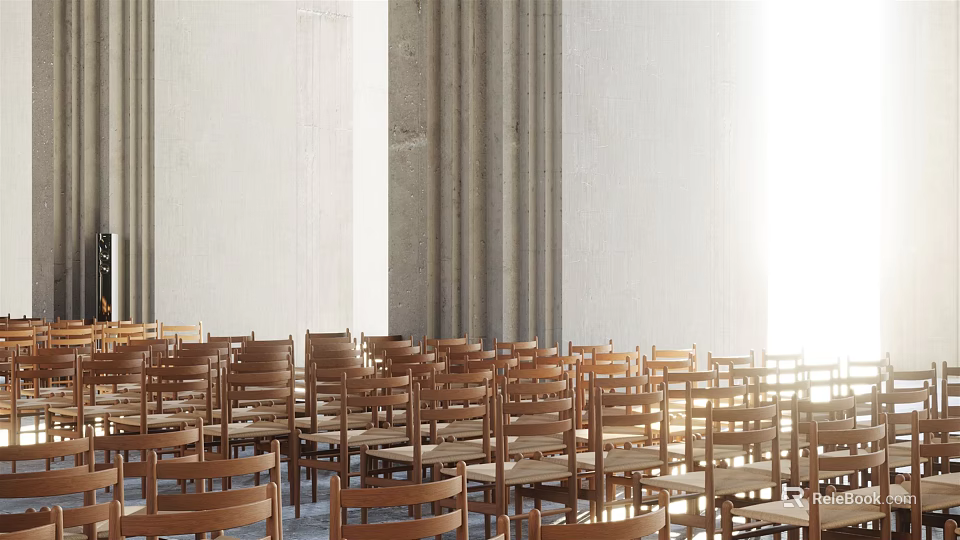 Wooden Chairs In Religious Gathering Place With White Walls Curtains And Natural Light 3d model 