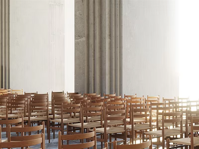 Wooden Chairs In Religious Gathering Place With White Walls Curtains And Natural Light 3d model