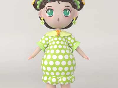 Cute Cartoon Doll With Green Polka Dot Dress Green Hair Accessories And Big Green Eyes 3d model
