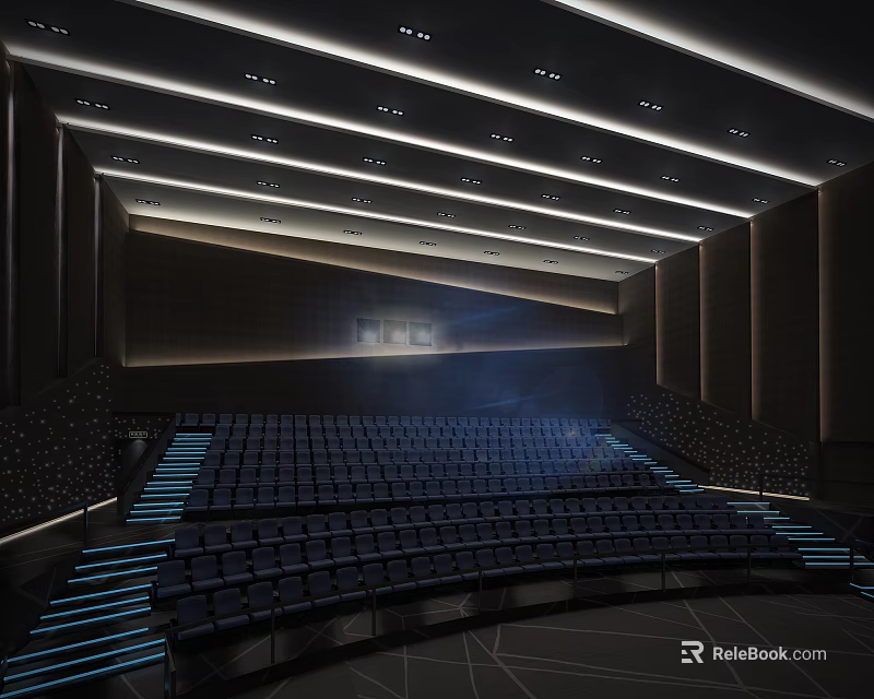 Modern Cinema Interior Design With Comfortable Seats Ambient Lighting And Large Screen 3d model 
