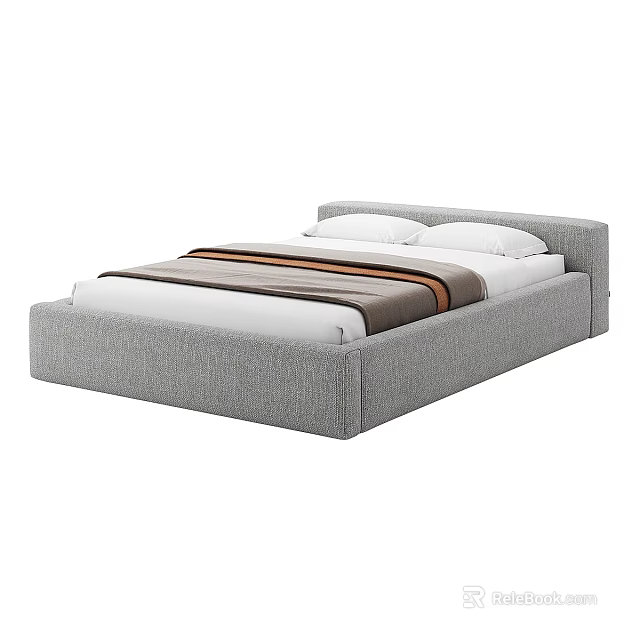 Modern Grey Upholstered Double Bed with White Pillows and Striped Bedspread 3d model