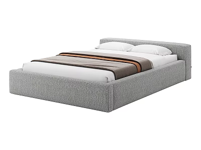 Modern Grey Upholstered Double Bed with White Pillows and Striped Bedspread 3d model