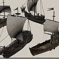 Wooden and Stone Crafted Ship Models with Intricate Sails and Hull Designs