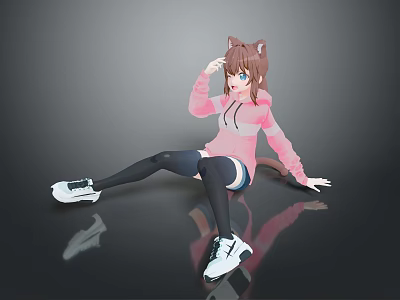 Anime Style Woman In Pink Hoodie With Cat Ears Tail Sitting On Black Floor 3d model