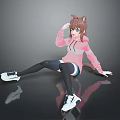 Anime Style Woman In Pink Hoodie With Cat Ears Tail Sitting On Black Floor