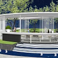Garden Landscape Design With Circular Structure Green Lawn Trees And Blue Waterway