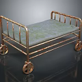 Rusted Metal Bed Frame With Wheels And Blue Mattress Featuring Green Pattern 3d model