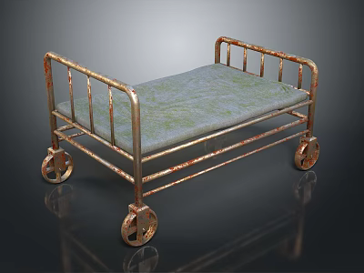 Rusted Metal Bed Frame With Wheels And Blue Mattress Featuring Green Pattern 3d model