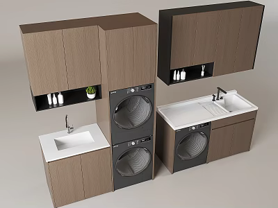 Modern Wooden Balcony Cabinet With Washing Machine Sink And Storage 3d model