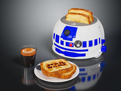 Star Wars R2-D2 Themed Toaster Toasting Bread With Coffee Cup And Toast Slices 3d model