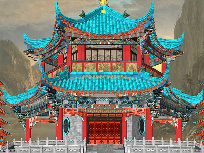 Ancient Chinese Multi Story Pavilion With Blue Roof Red Pillars And Golden Decorations 3d model