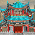 Ancient Chinese Multi Story Pavilion With Blue Roof Red Pillars And Golden Decorations
