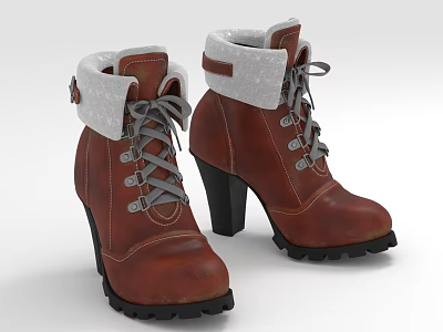 Brown Leather High Heel Boots With Gray Laces Cuffed Top And Thick Sole 3d model