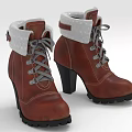 Brown Leather High Heel Boots With Gray Laces Cuffed Top And Thick Sole