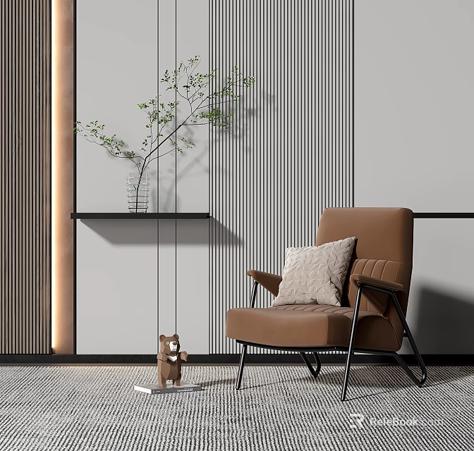 Brown Armchair With Pillow Striped Wall Green Plant Vase On Shelf Teddy Bear On Rug 3d model 