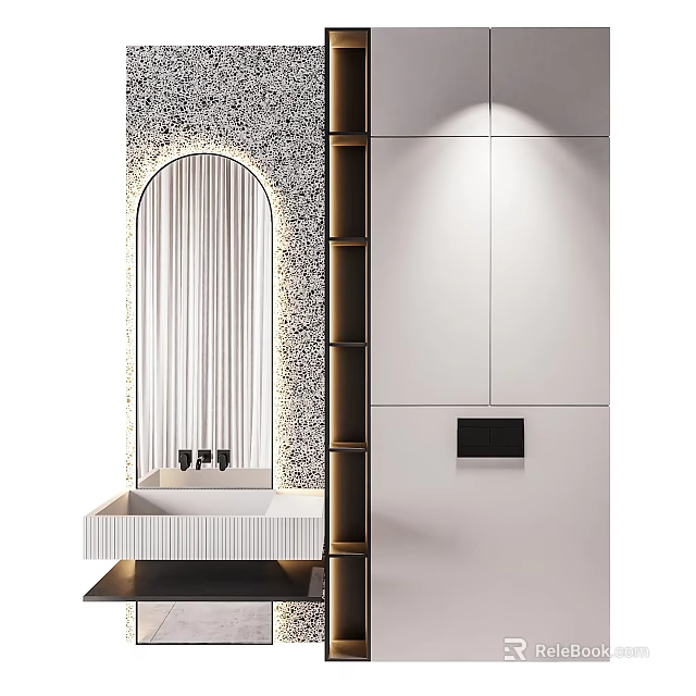 Sleek Modern Bathroom Vanity Cabinet With Arched Backlit Mirror And White Storage 3d model