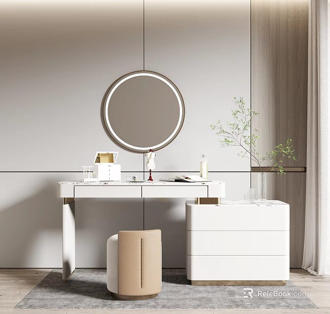 Modern White Dressing Table With Round LED Mirror Upholstered Stool And Storage Drawers 3d model