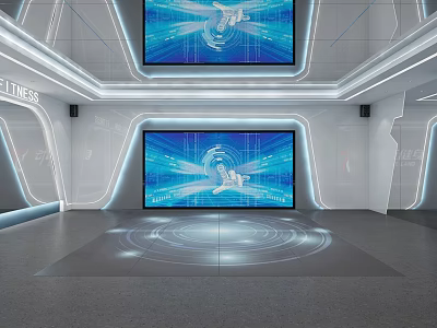 Futuristic Exhibition Hall With Large Digital Screens Circular Floor Projection And Ambient Lighting 3d model