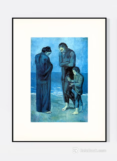Figure Painting of Three Standing Figures on Beach with Blue Sea Backdrop 3d model 