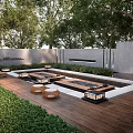 Serene Courtyard Garden Design With Wooden Deck Umbrella Tables Chairs And Green Plants