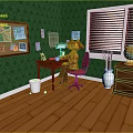 Cozy Indoor Scene With Green Wallpaper Wooden Bulletin Board Desk Lamp Globe And Window Blinds