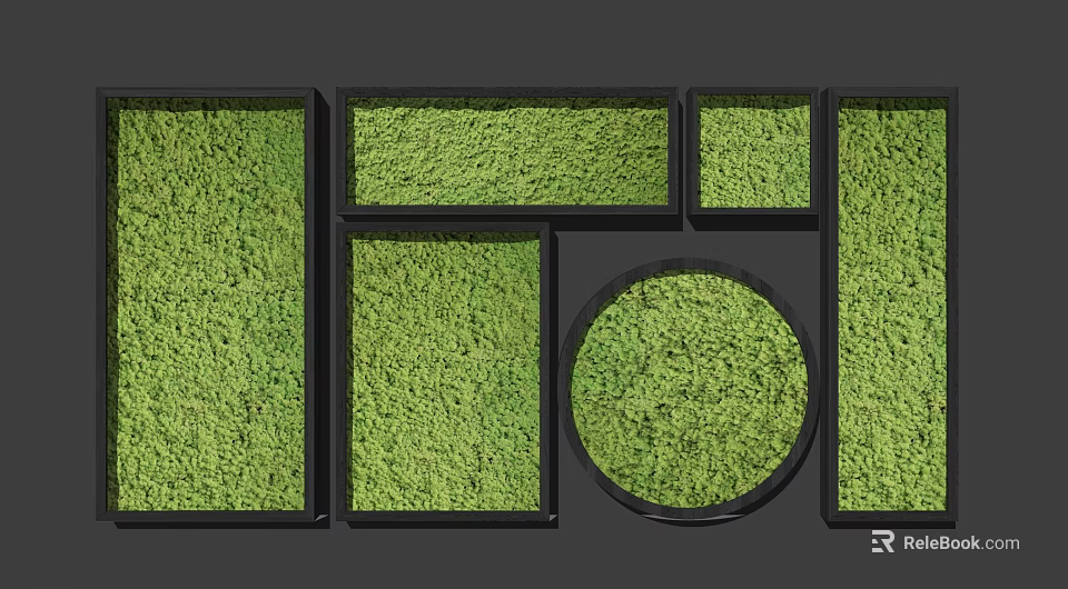 Modular Green Plant Wall Design With Black Frames And Various Shapes 3d model